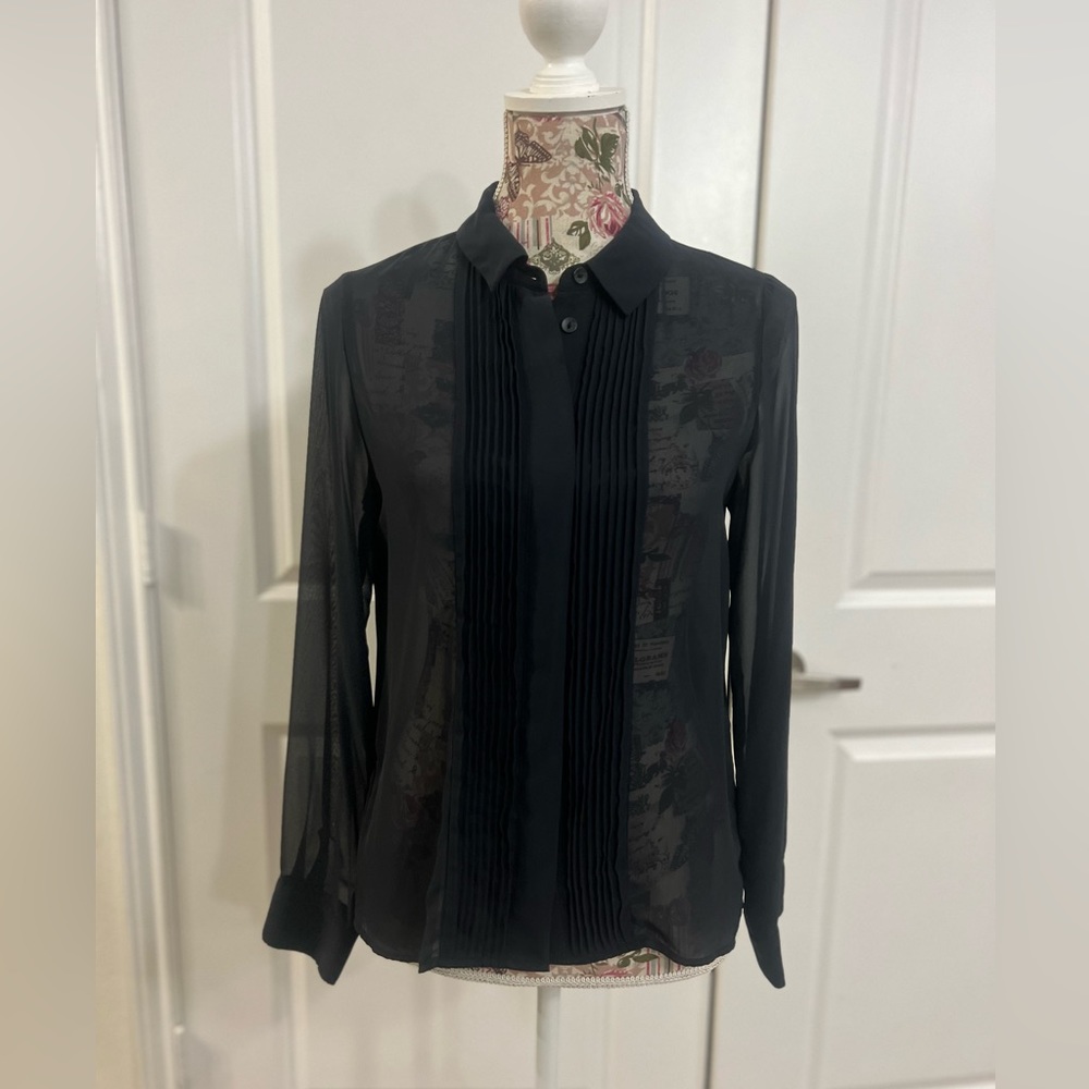 Navy see-through button up shirt with pleated detail, Size S, Zara